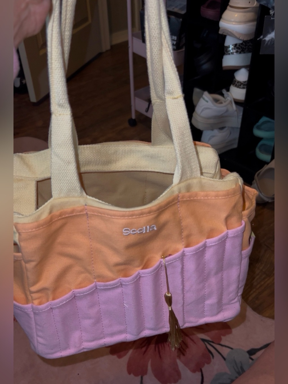 Soolla Peach and Pink Canvas Tote Bag with Cream Straps